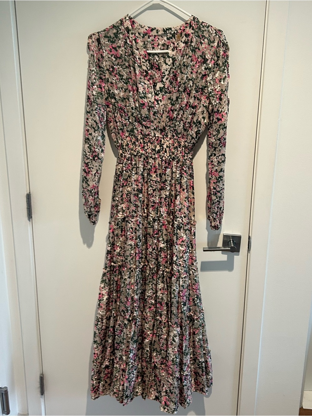 Elie Tahari Pink & Green Floral Long-Sleeve Maxi Dress